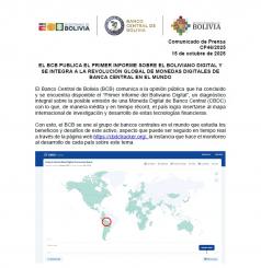 EL BCB PUBLICA EL PRIMER INFORME SOBRE EL BOLIVIANO DIGITAL Y SE INTEGRA A LA REVOLUCIÓN GLOBAL DE MONEDAS DIGITALES DE BANCA CENTRAL EN EL MUNDO