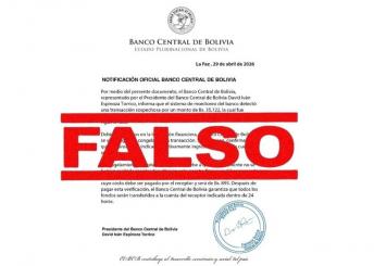 El Banco Central de Bolivia alerta sobre la circulación de un documento falso