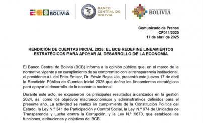 RENDICIÓN DE CUENTAS INICIAL 2025: EL BCB REDEFINE LINEAMIENTOS ESTRATÉGICOS PARA APOYAR AL DESARROLLO DE LA ECONOMÍA