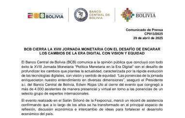 BCB CIERRA LA XVIII JORNADA MONETARIA CON EL DESAFÌO DE ENCARAR LOS CAMBIOS DE LA ERA DIGITAL CON VISION Y EQUIDAD