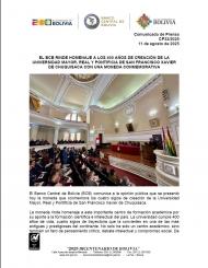 EL BCB RINDE HOMENAJE A LOS 400 AÑOS DE CREACIÓN DE LA UNIVERSIDAD MAYOR, REAL Y PONTIFICIA DE SAN FRANCISCO XAVIER DE CHUQUISACA CON UNA MONEDA CONMEMORATIVA