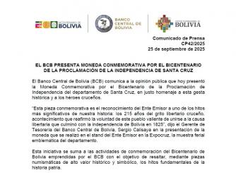 EL BCB PRESENTA MONEDA CONMEMORATIVA POR EL BICENTENARIO DE LA PROCLAMACIÓN DE LA INDEPENDENCIA DE SANTA CRUZ