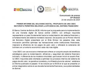 PRIMER INFORME DEL BOLIVIANO DIGITAL: PROPUESTA DE UNA CBDC MAYORISTA PERMITIRÍA MEJORAR LA EFICIENCIA DEL SISTEMA FINANCIERO