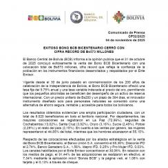 EXITOSO BONO BCB BICENTENARIO CERRÓ CON  CIFRA RÉCORD DE Bs573 MILLONES