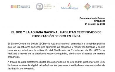 EL BCB Y LA ADUANA NACIONAL HABILITAN CERTIFICADO DE EXPORTACIÓN DE ORO EN LÍNEA