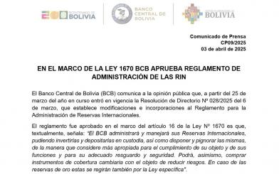 EN EL MARCO DE LA LEY 1670 BCB APRUEBA REGLAMENTO DE ADMINISTRACIÓN DE LAS RIN